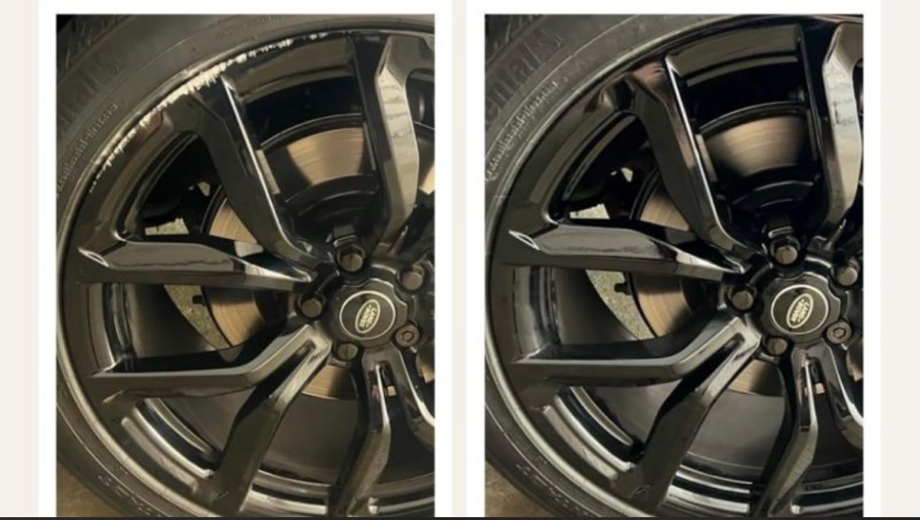 Gloss black Land Rover alloy: scuffed outer lip on the left, restored gloss black on the right