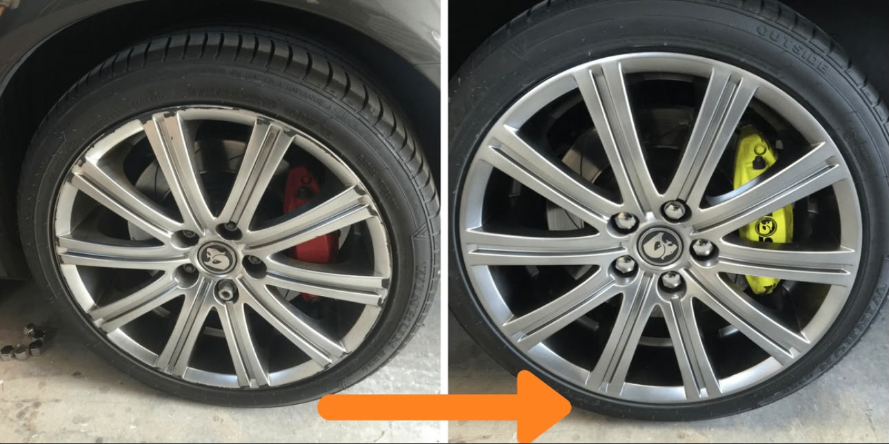 Silver multi-spoke alloy on a Vauxhall: scuffed spokes on the left, restored silver finish on the right